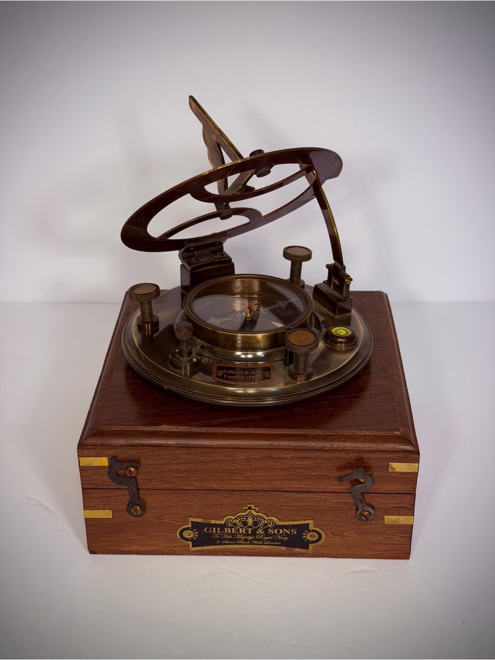 Gilbert & Sons, London - Nautical Brass Sundial Compass with Wood n Case